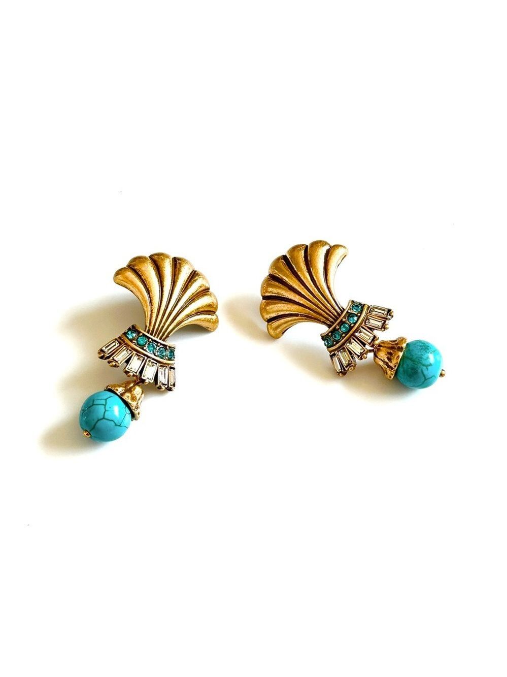 KRAMER Vintage Turquoise & Crystal Brushed Gold-Tone Shell Drop Earrings | NEW - Picture 4 of 9
